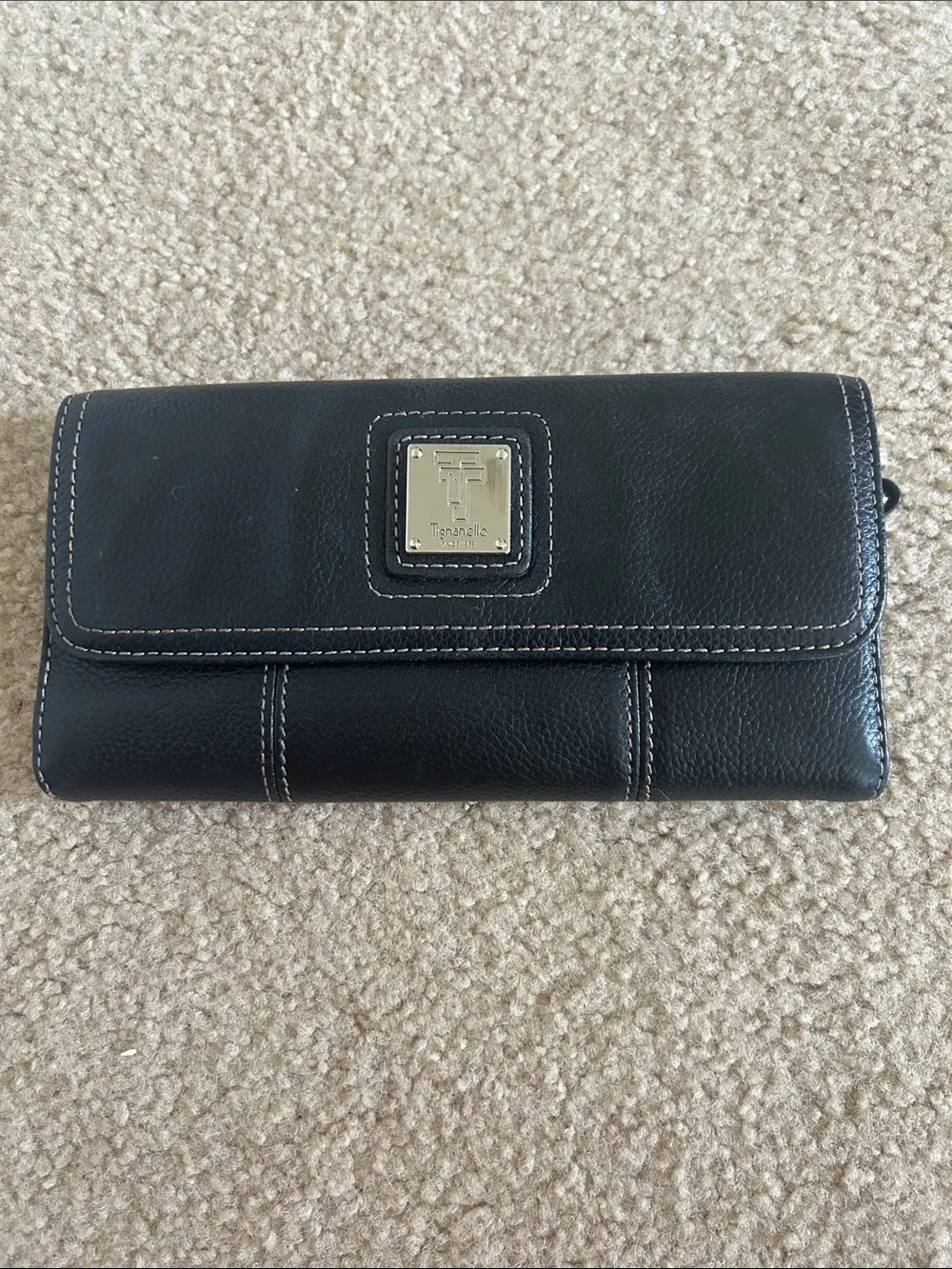 Tignanello Black Pebbled Leather Continental Wallet with Silver Tone Logo Plaque